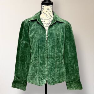 A.M.I. Green Suede Leather Jacket Zip Front Forest Wash Vintage Y2K Western Moto